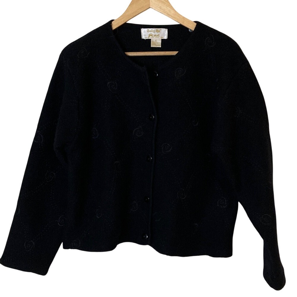 Vtg Tally Ho Womens Midnight Black Wool Cardigan Size M Button Front Classic